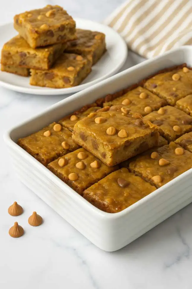Butterscotch Toffee Cookie Bars in a white baking dish with gooey center and butterscotch chips on a marble countertop