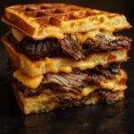 Brisket Grilled Cheese Wafflewich stacked with melted cheddar and crispy waffles