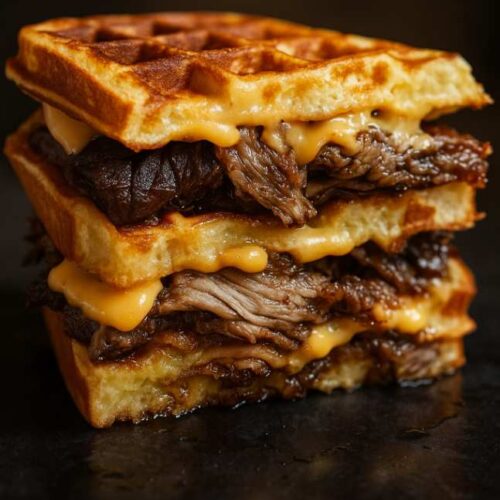 Brisket Grilled Cheese Wafflewich stacked with melted cheddar and crispy waffles
