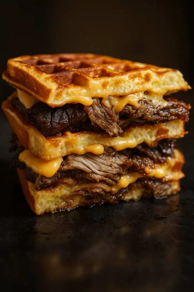 Brisket Grilled Cheese Wafflewich stacked with melted cheddar and crispy waffles