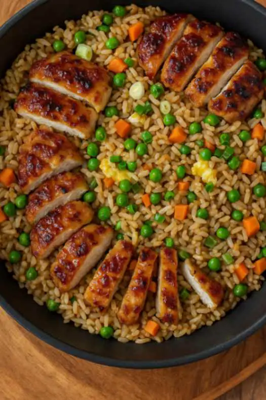 Close-up of Bang Bang Chicken Fried Rice in a bowl with spicy sauce and green onions