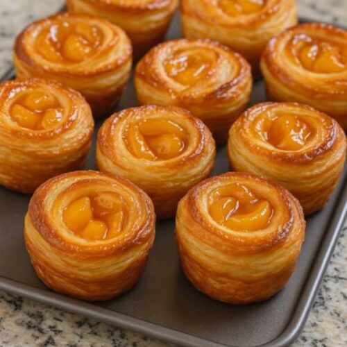 Flaky golden peach pie cruffins fresh from the oven, drizzled with sweet glaze