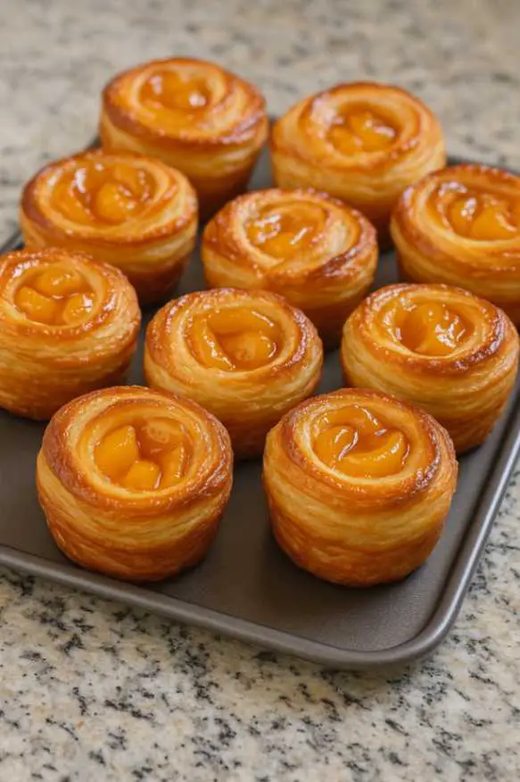 Flaky golden peach pie cruffins fresh from the oven, drizzled with sweet glaze