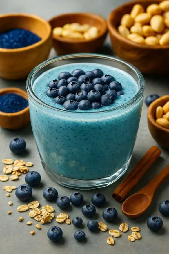 Glass of Persian blue salt drink with banana and cinnamon – natural bedtime stamina boost for men