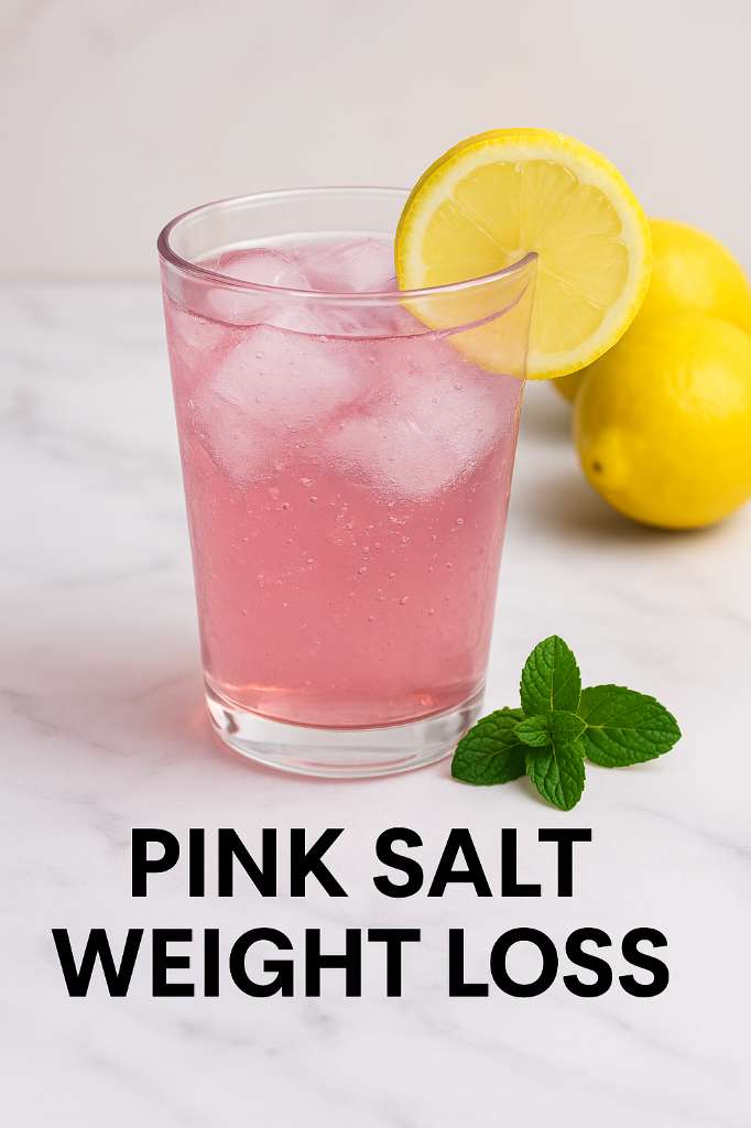 Glass of pink salt weight loss drink with lemon slice and mint on marble table