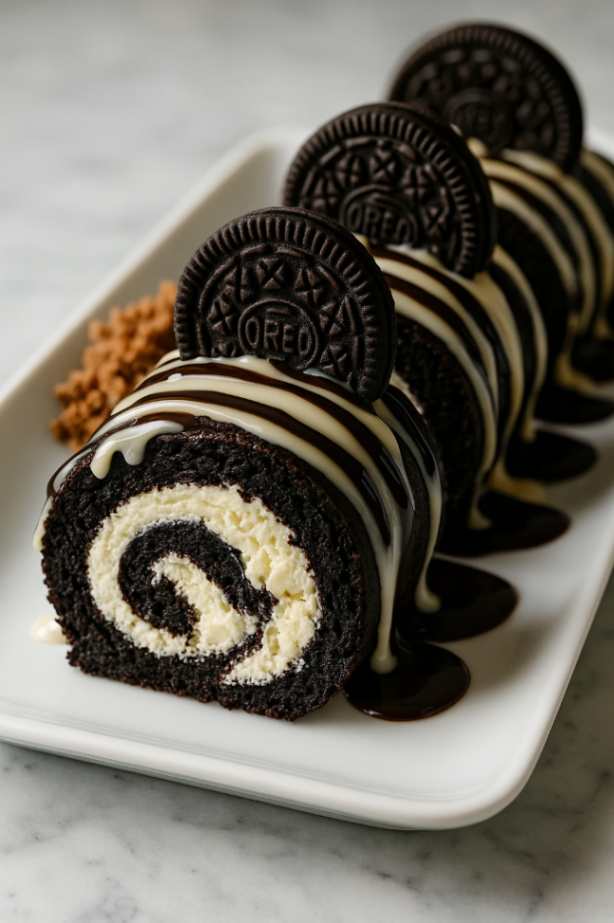 Close-up of sliced Oreo Cream Cheese Cheesecake Sushi Roll topped with white chocolate drizzle and whole Oreo cookies