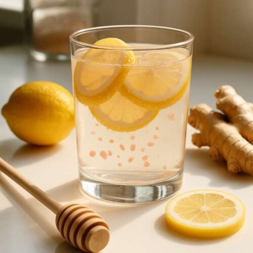 A woman's hands holding a glass of pink salt lemon water with honey and ginger on a white countertop