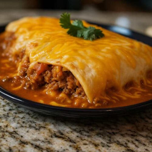 Close-up of a cheesy enchirito topped with melted cheddar and enchilada sauce on a marble table