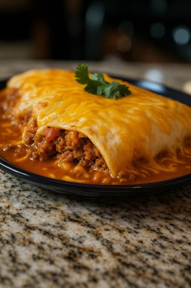 Close-up of a cheesy enchirito topped with melted cheddar and enchilada sauce on a marble table