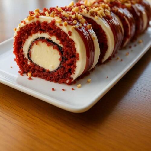 Close-up of a sliced red velvet cheesecake sushi roll with creamy filling, drizzled with raspberry sauce and sprinkled with chopped pecans