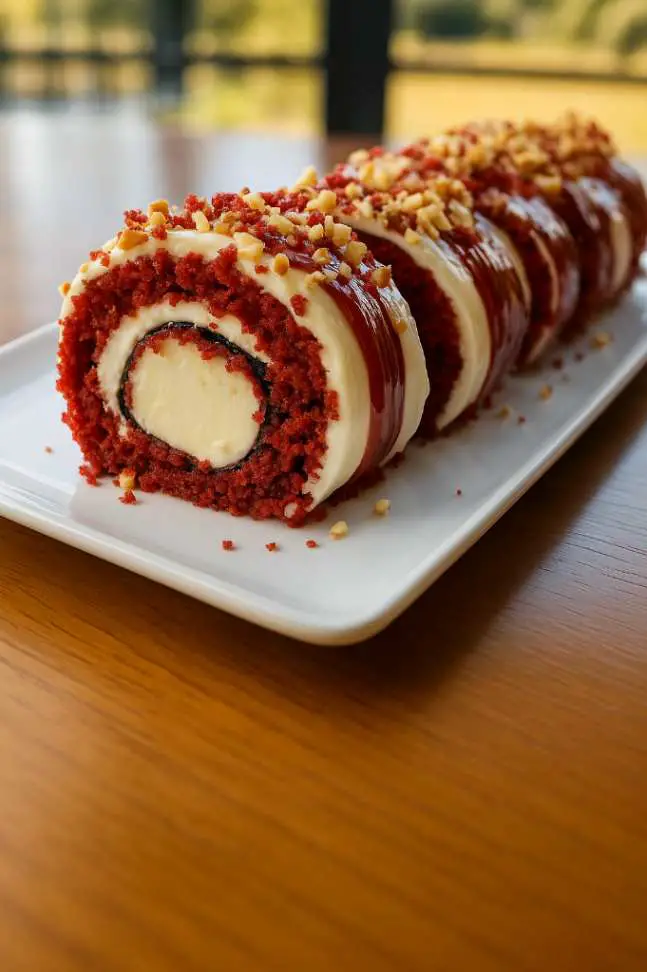 Close-up of a sliced red velvet cheesecake sushi roll with creamy filling, drizzled with raspberry sauce and sprinkled with chopped pecans