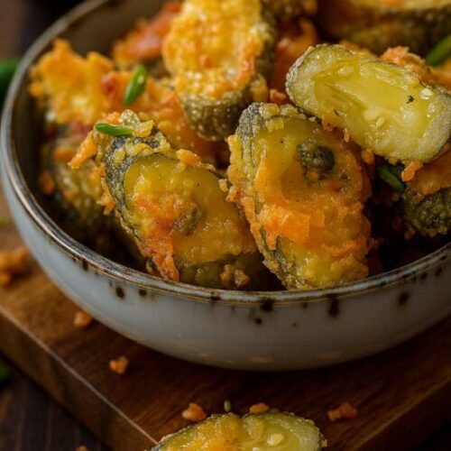 Close-up of cheesy stuffed fried pickles served in a rustic bowl with crispy golden crust on a marble table