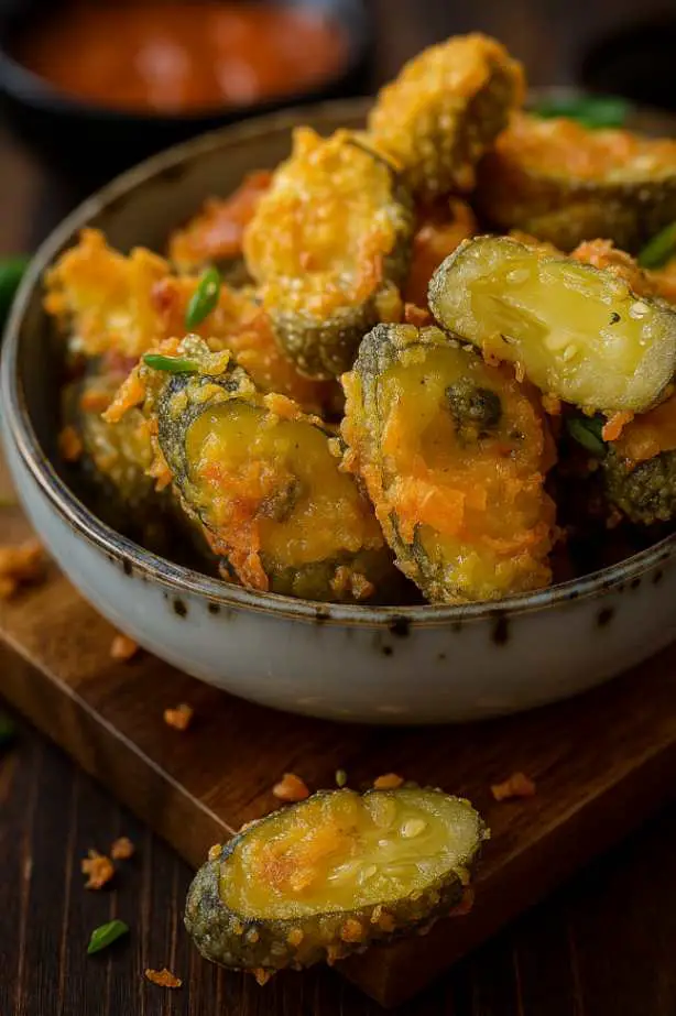 Close-up of cheesy stuffed fried pickles served in a rustic bowl with crispy golden crust on a marble table