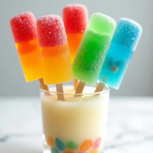 Rainbow Gummy Tequila Pops frozen in bright layers of red, green, and blue with chewy rainbow gummies inside each pop