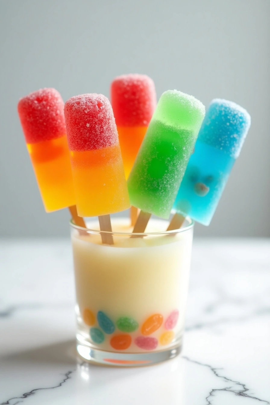 Rainbow Gummy Tequila Pops frozen in bright layers of red, green, and blue with chewy rainbow gummies inside each pop