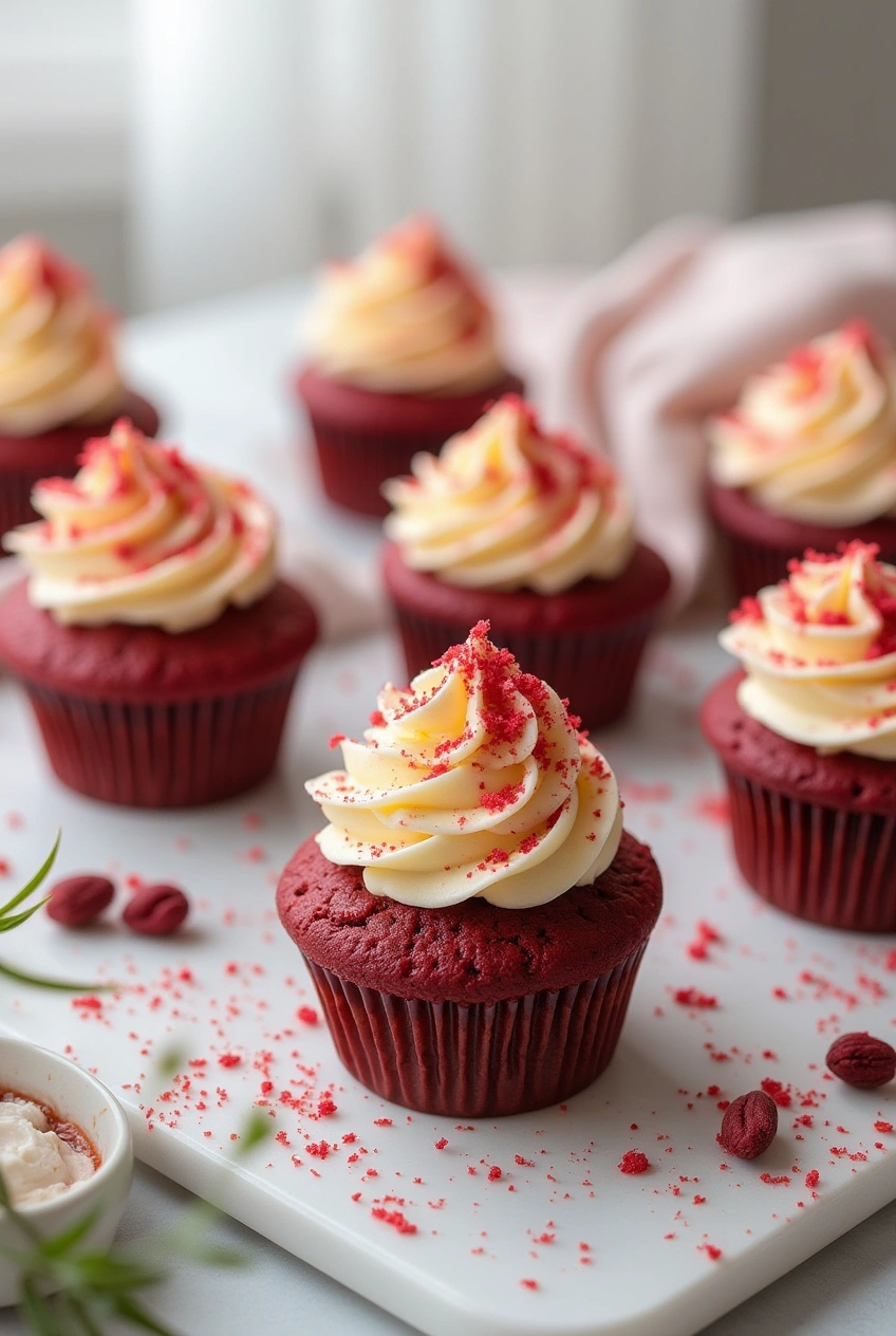 Close-up of red velvet crush cupcakes with cream cheese swirl, freshly baked and cooling on a wire rack