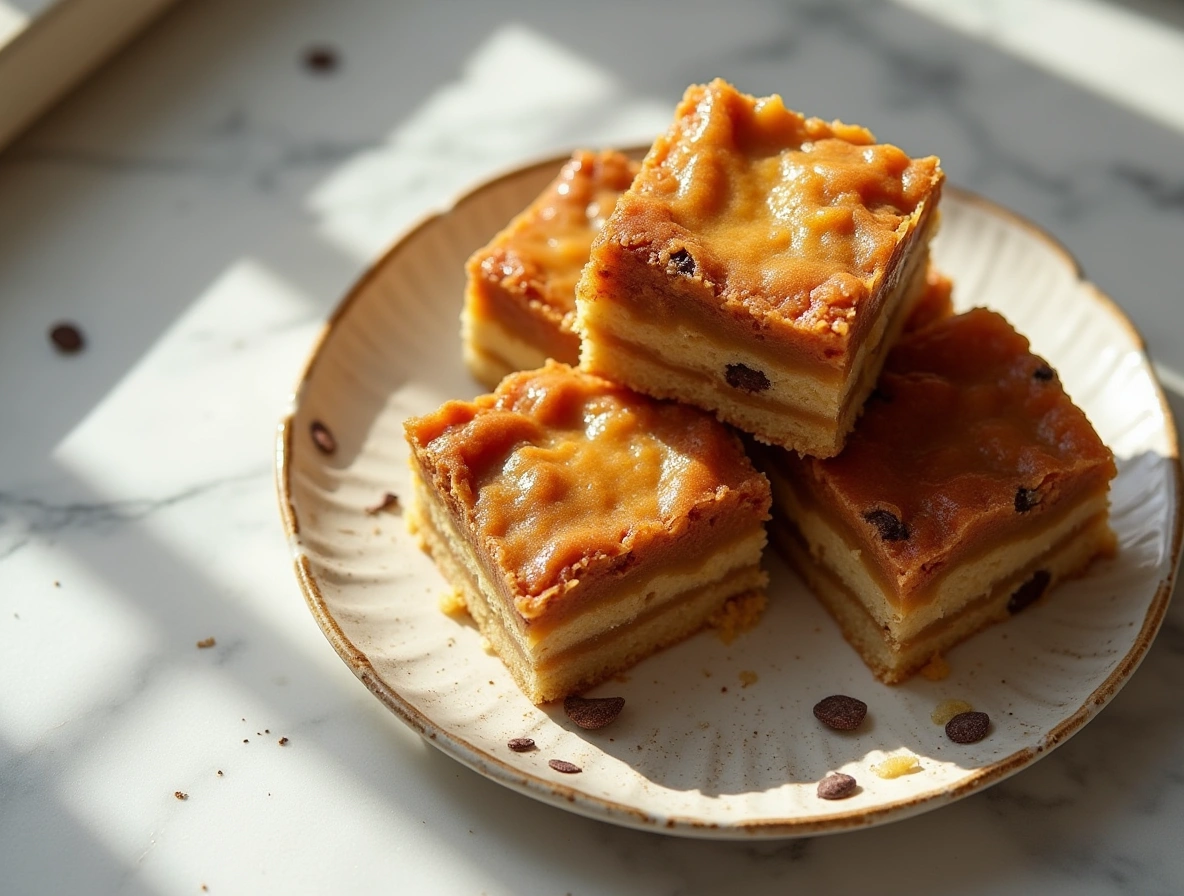 Freshly baked cake mix toffee bars with melted chocolate and crunchy toffee topping in a 9x13 pan