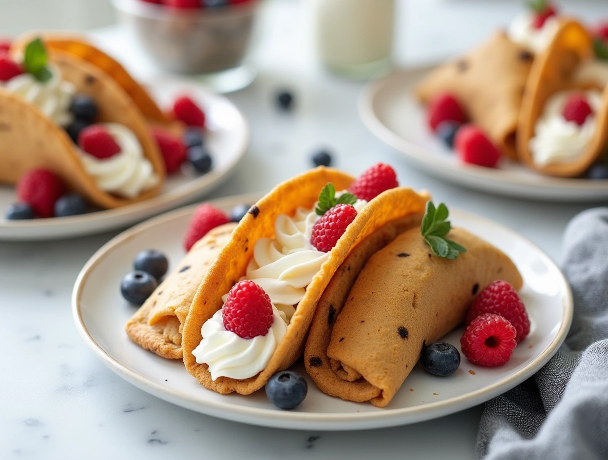 Cheesecake cookie dough tacos filled with whipped cheesecake cream and topped with raspberries and blueberries on a white plate