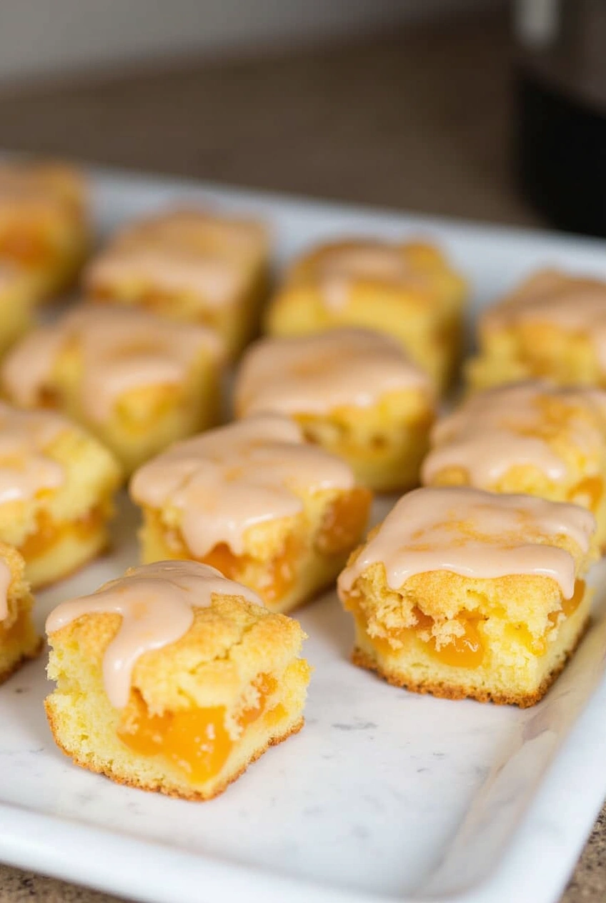 Homemade Peach Cobbler Pound Cake Twinkies filled with peach compote and topped with vanilla glaze