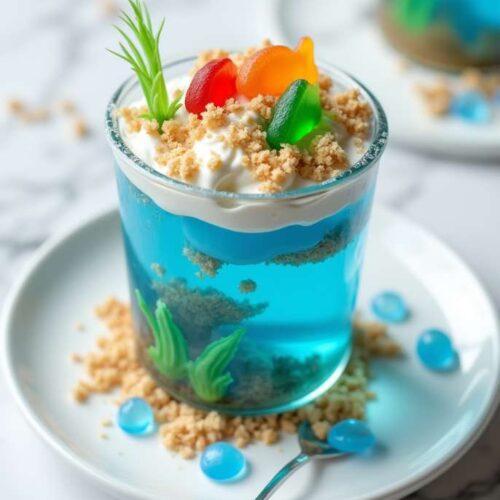 Edible aquarium parfait layered with blue gelatin, whipped topping, cookie crumbs, and gummy sea creatures served in a clear cup on a marble table