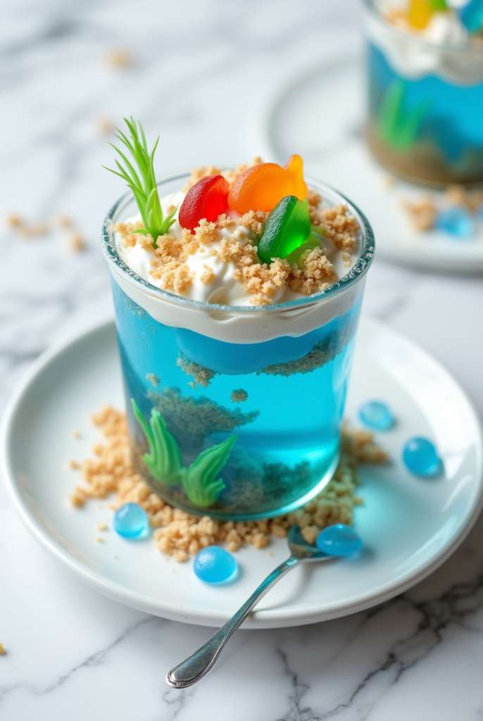 Edible aquarium parfait layered with blue gelatin, whipped topping, cookie crumbs, and gummy sea creatures served in a clear cup on a marble table