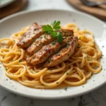 Cajun chicken pasta served over creamy Parmesan linguine, garnished with parsley