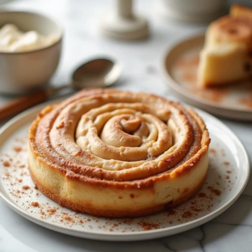 Cinnamon Roll Honeybun Cheesecake served on a marble table with cinnamon glaze