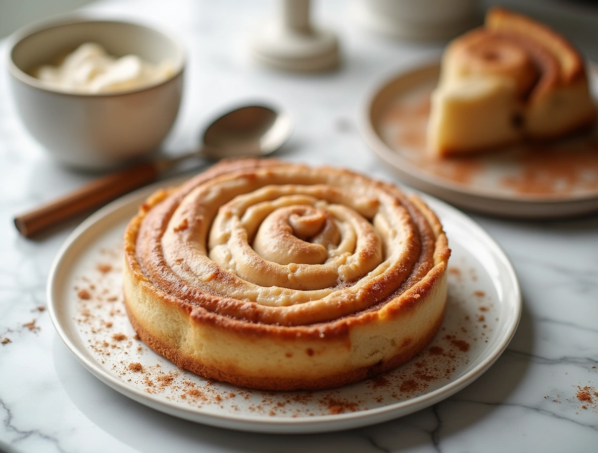 Cinnamon Roll Honeybun Cheesecake served on a marble table with cinnamon glaze
