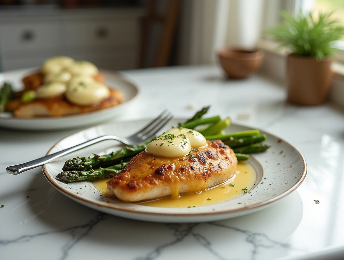 Golden-baked honey mustard chicken served with cheesy roasted asparagus on a white plate