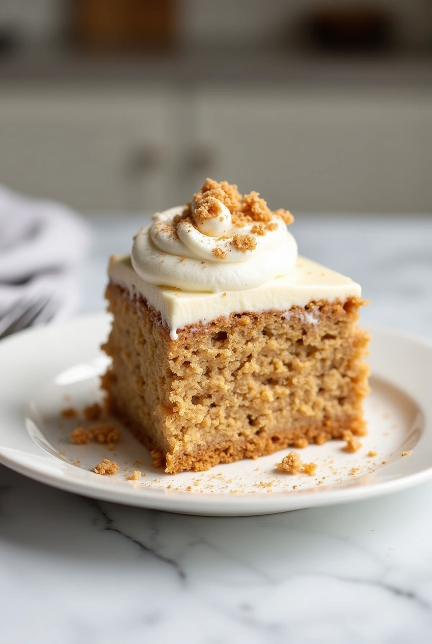 Moist carrot cake poke cake topped with cheesecake pudding and whipped topping in a glass baking dish