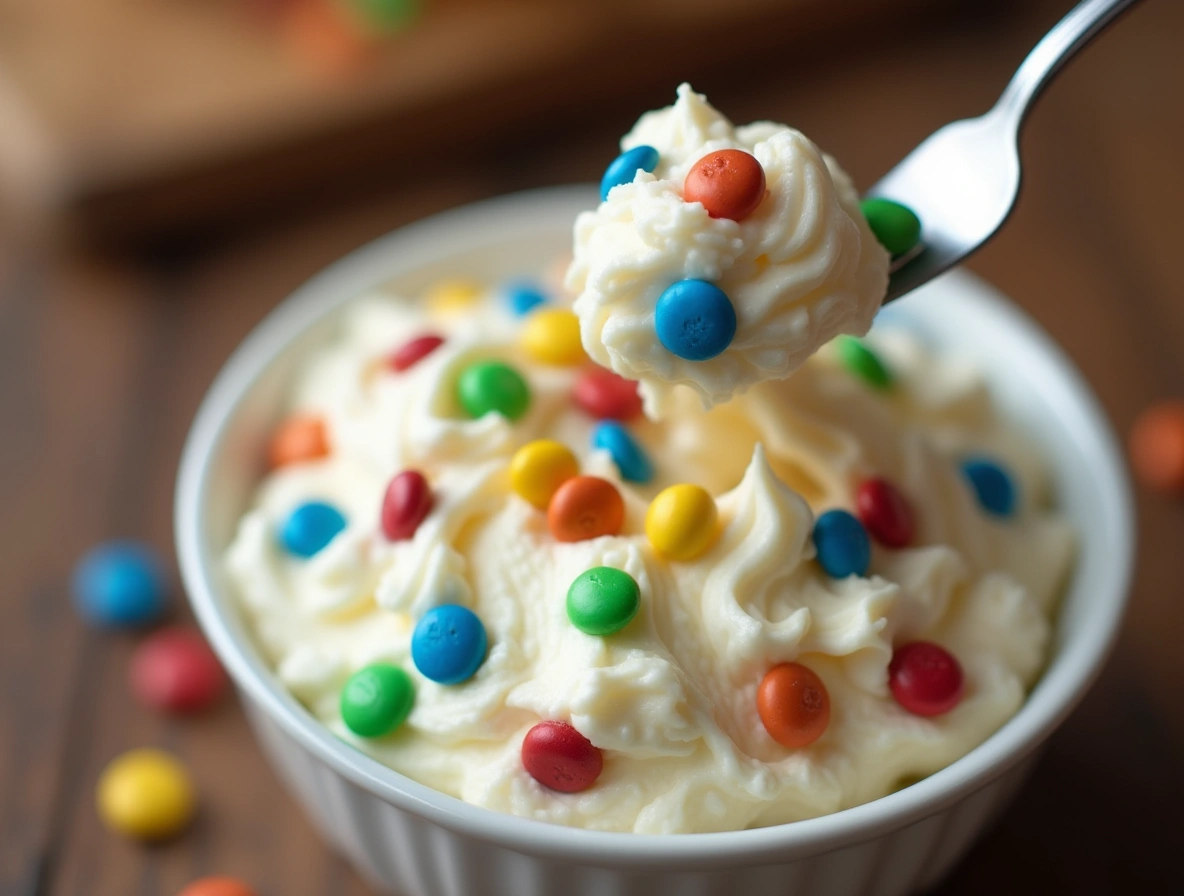 Spoonful of creamy pudding frosting with M&Ms in a white bowl on a wooden table