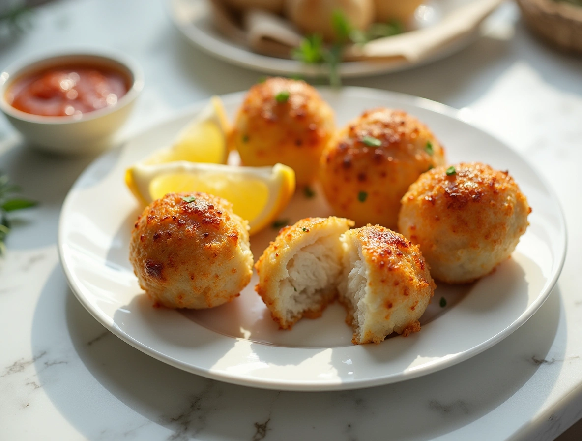 Golden baked crab bombs made with jumbo lump crab meat, served with lemon wedges