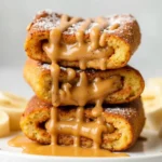 Peanut Butter Cup French Toast Rolls stacked on a plate, drizzled with melted peanut butter and served with maple syrup