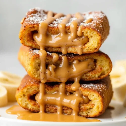Peanut Butter Cup French Toast Rolls stacked on a plate, drizzled with melted peanut butter and served with maple syrup
