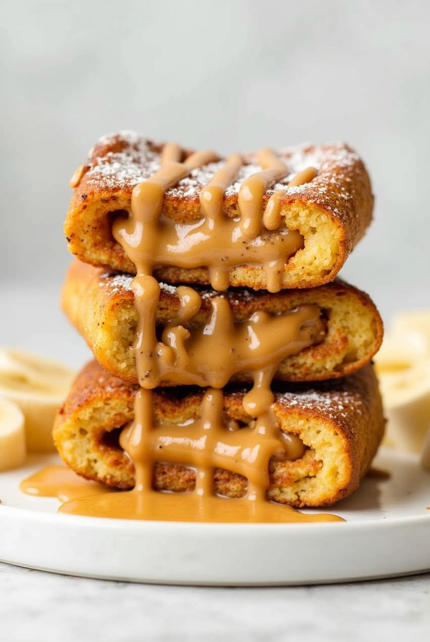 Peanut Butter Cup French Toast Rolls stacked on a plate, drizzled with melted peanut butter and served with maple syrup