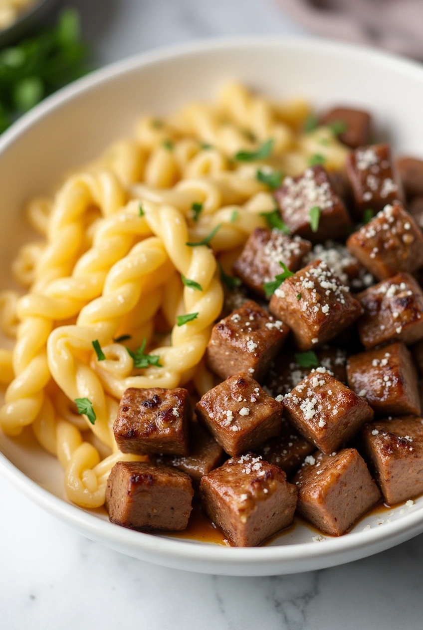 Garlic butter steak bites served over creamy spicy Cajun Alfredo twisted pasta in a white ceramic bowl with fresh parsley on top