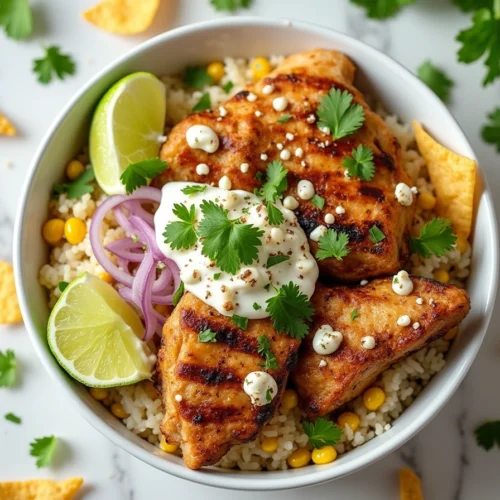 Street Corn Chicken Rice Bowl with grilled corn, sliced chicken thighs, and creamy cotija topping in a white bowl