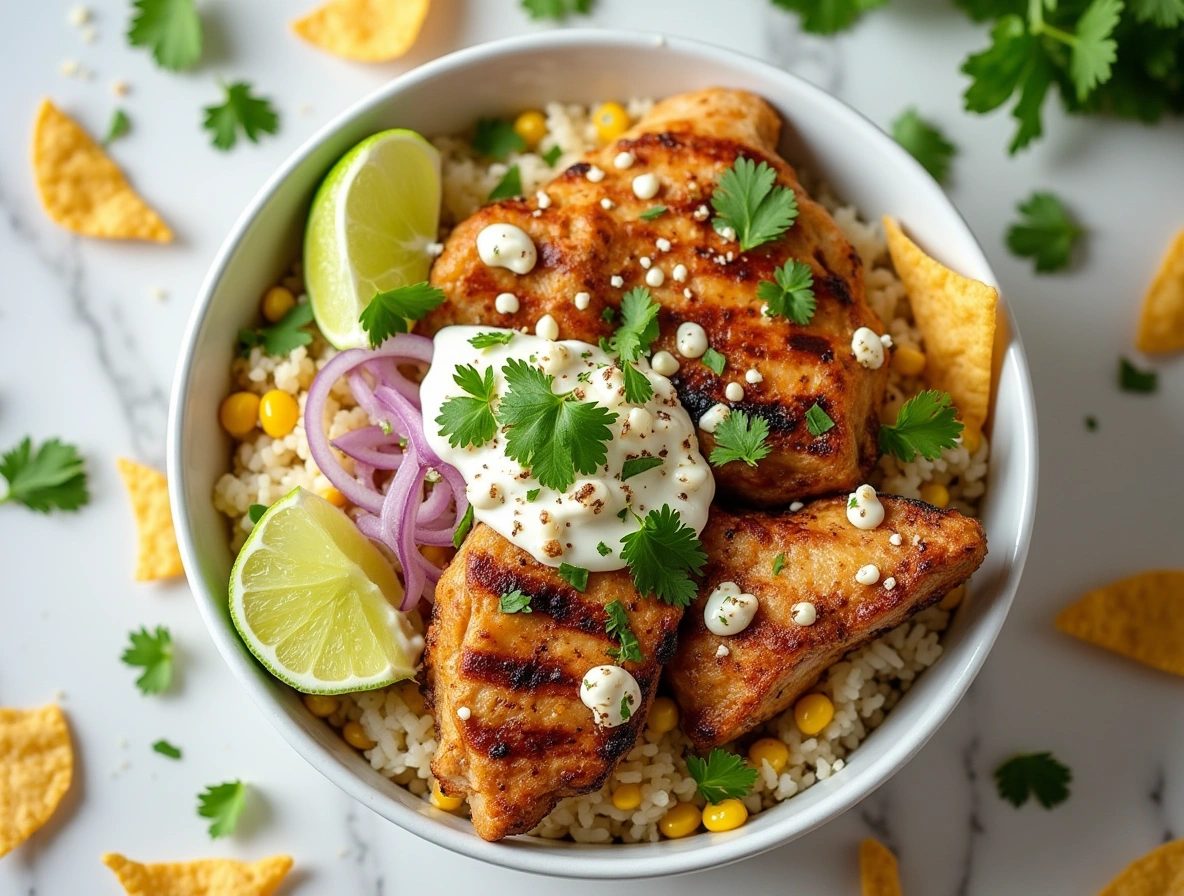 Street Corn Chicken Rice Bowl with grilled corn, sliced chicken thighs, and creamy cotija topping in a white bowl