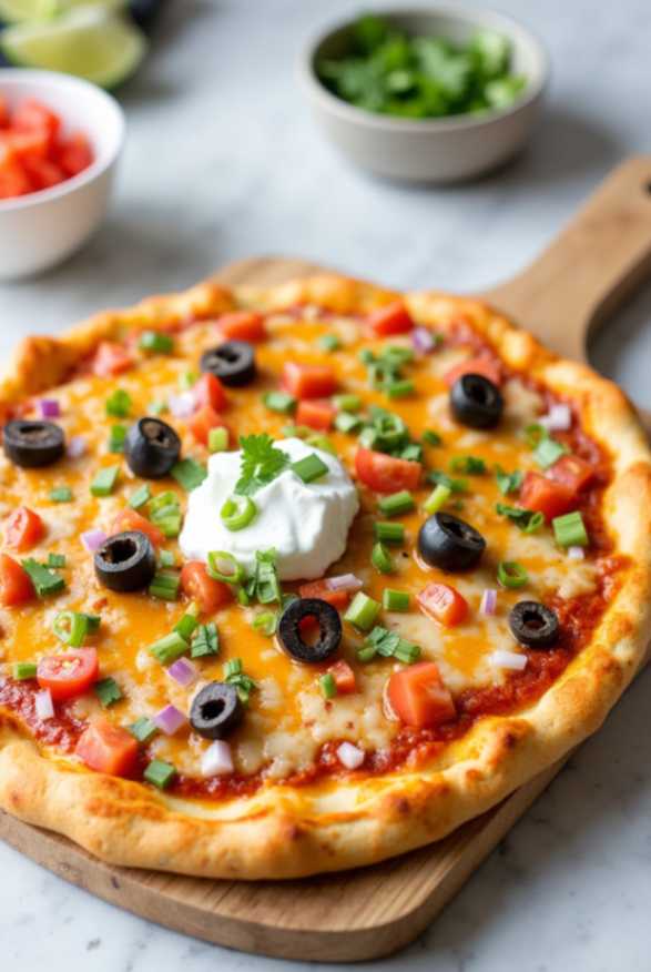 Layered Mexican pizza with ground beef, beans, and melted cheese on crispy tortillas
