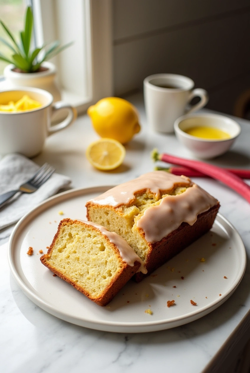 Freshly baked lemon rhubarb loaf with lemon glaze on a white plate, sliced and ready to serve
