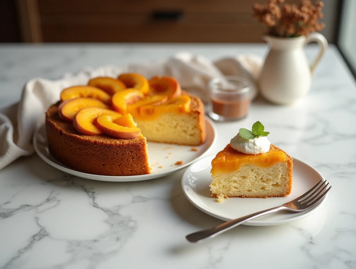 Peach cake topped with fresh slices and whipped cream on a marble table