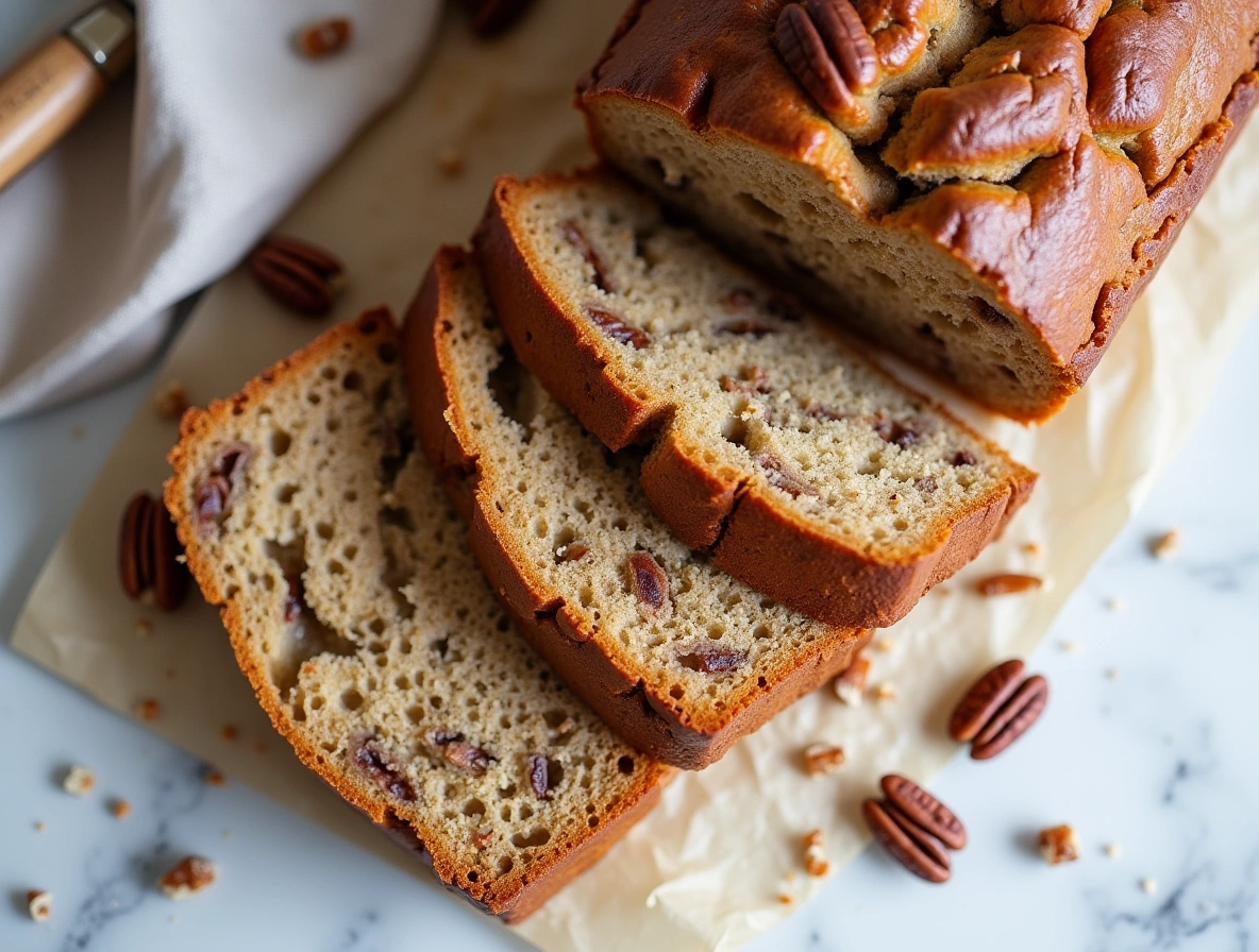 Overhead shot of sliced sweet Alabama pecan bread on parchment paper with scattered pecans on a white marble table