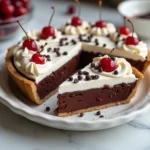 A slice of chocolate cherry pie with whipped topping, mini chocolate chips, and maraschino cherry garnish on a white plate.