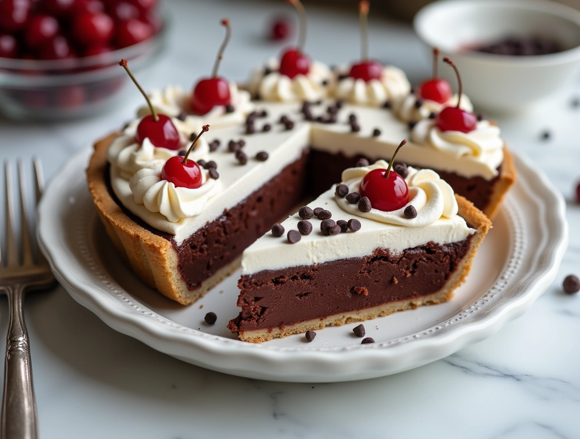 A slice of chocolate cherry pie with whipped topping, mini chocolate chips, and maraschino cherry garnish on a white plate.