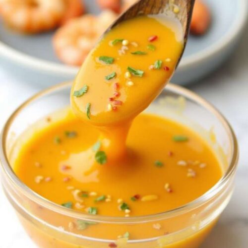 A bowl of mango habanero honey garlic sauce surrounded by fresh mango, garlic cloves, and habanero peppers.