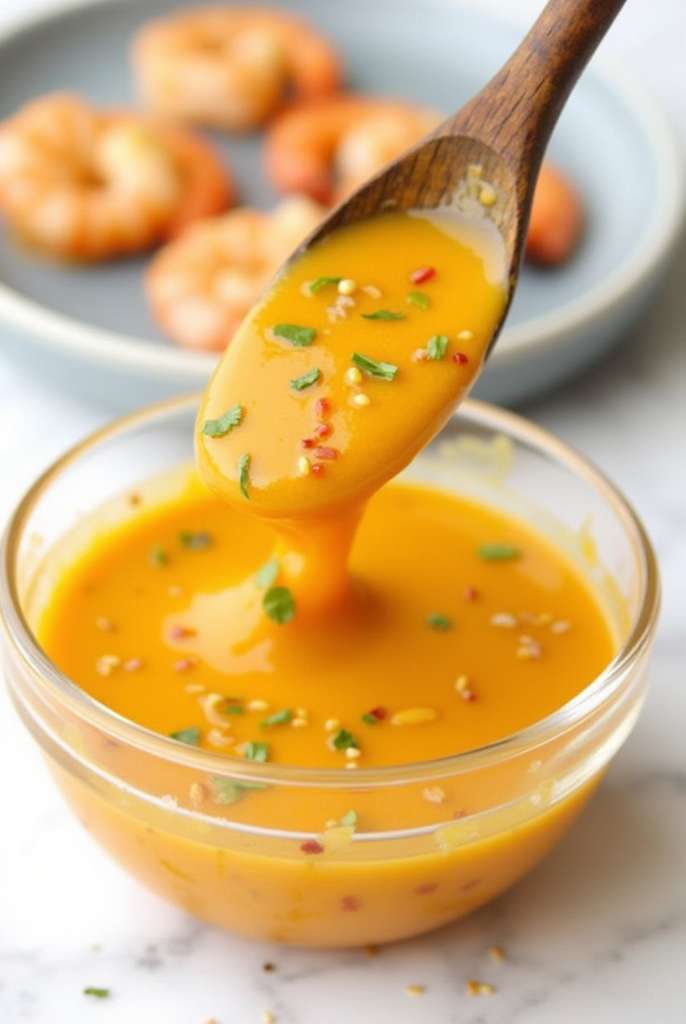A bowl of mango habanero honey garlic sauce surrounded by fresh mango, garlic cloves, and habanero peppers.