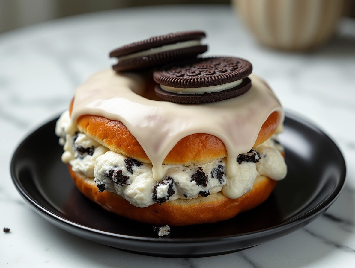 Close-up of an Oreo cheesecake stuffed donut burger with white chocolate drizzle and whole Oreo on top