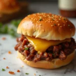 French Onion Beef Sloppy Joe on a marble table with melted Swiss cheese and toasted brioche bun