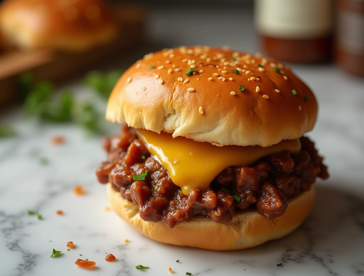 French Onion Beef Sloppy Joe on a marble table with melted Swiss cheese and toasted brioche bun