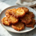 Golden crispy Amish onion fritters stacked on a white plate over a marble table in natural light